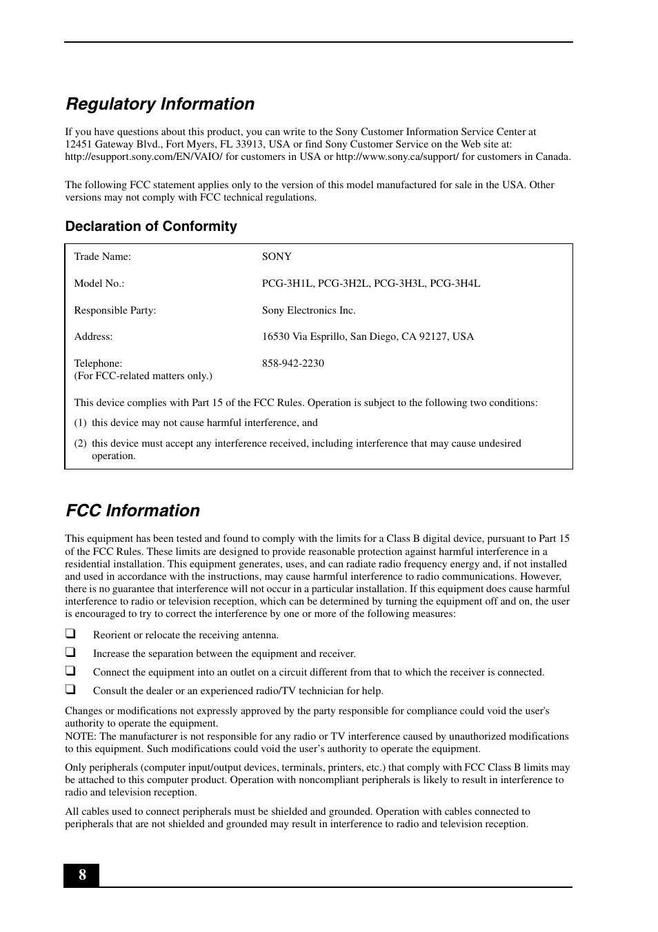 Regulatory information, Fcc information, Declaration of conformity | Sony VGN-FW490DEB User Manual | Page 8 / 20