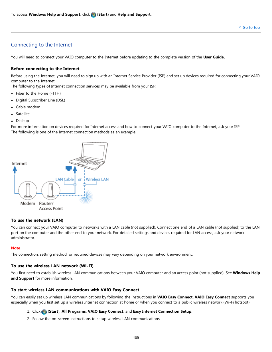 Connecting to the internet, Connecting to, The internet | Sony VPCEH1FGX User Manual | Page 109 / 359