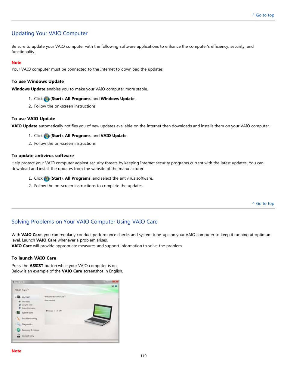 Updating your vaio computer | Sony VPCEH1FGX User Manual | Page 110 / 359