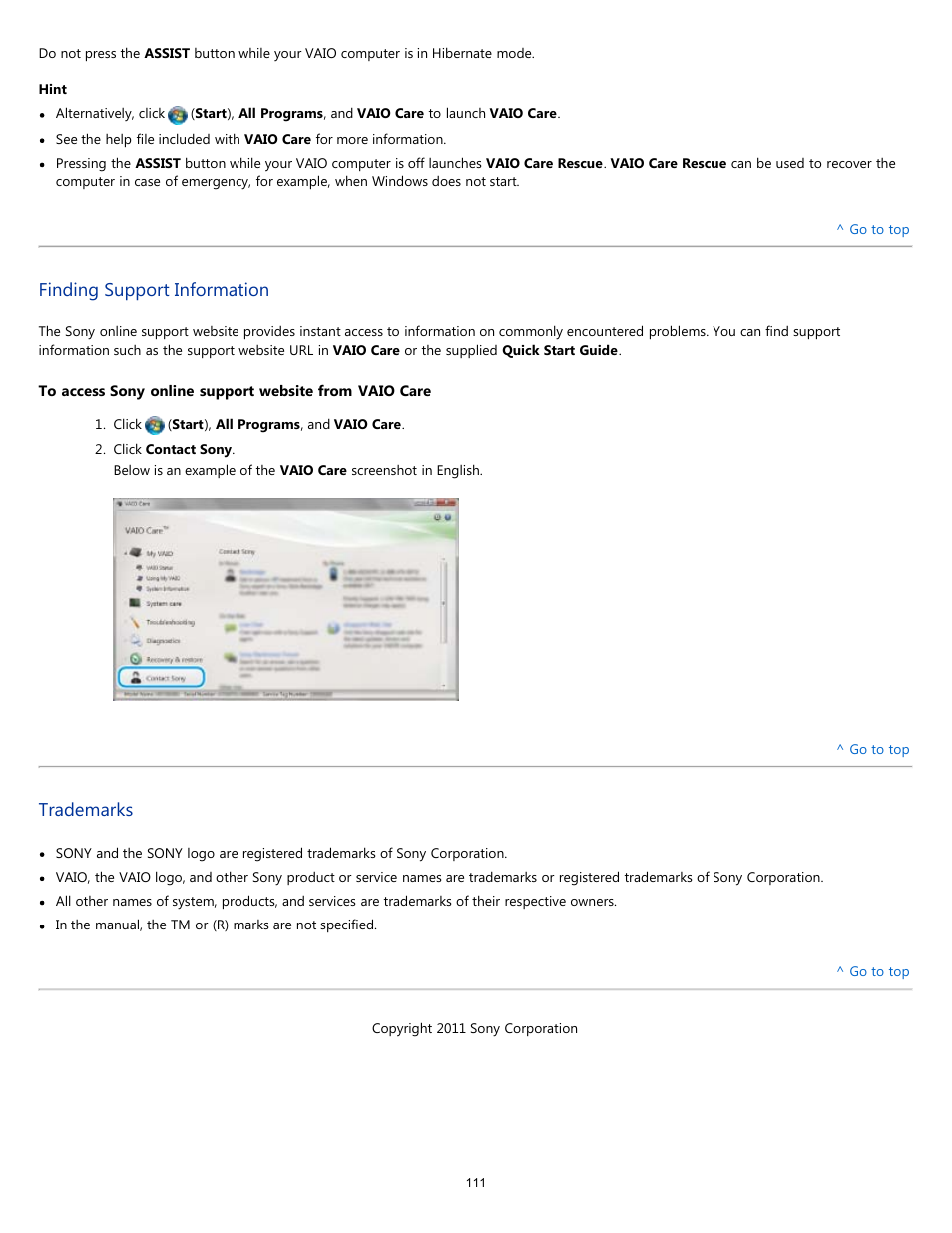 Finding support information trademarks, Finding support information, Trademarks | Sony VPCEH1FGX User Manual | Page 111 / 359