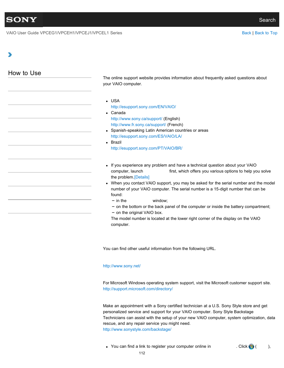 About online support website, How to use | Sony VPCEH1FGX User Manual | Page 112 / 359