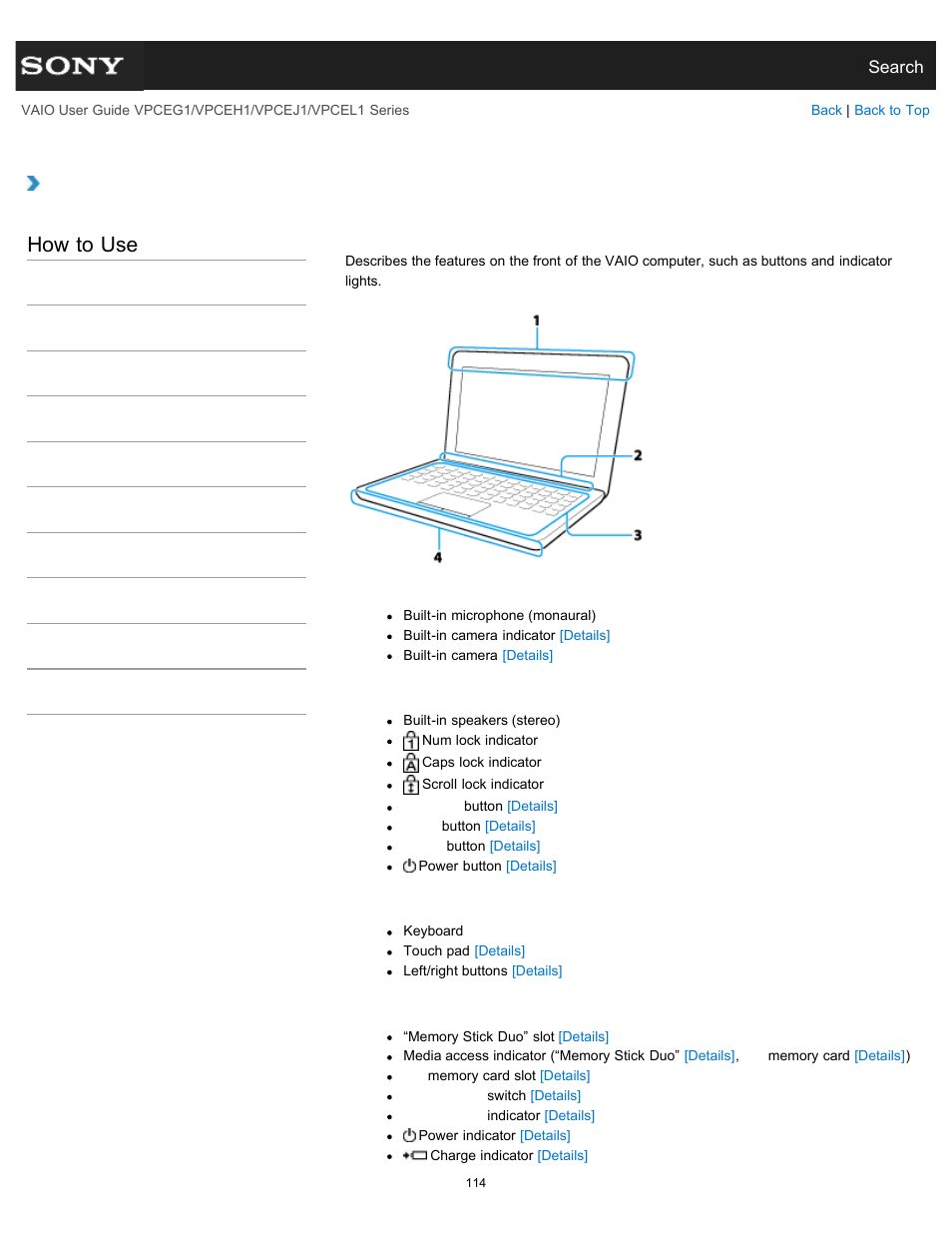 Parts and controls on the front, How to use | Sony VPCEH1FGX User Manual | Page 114 / 359