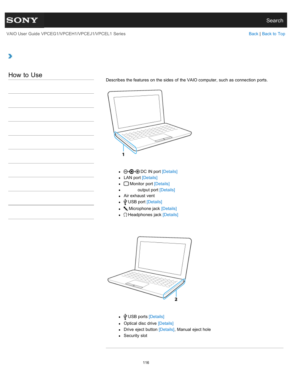 Parts and controls on the sides, How to use | Sony VPCEH1FGX User Manual | Page 116 / 359