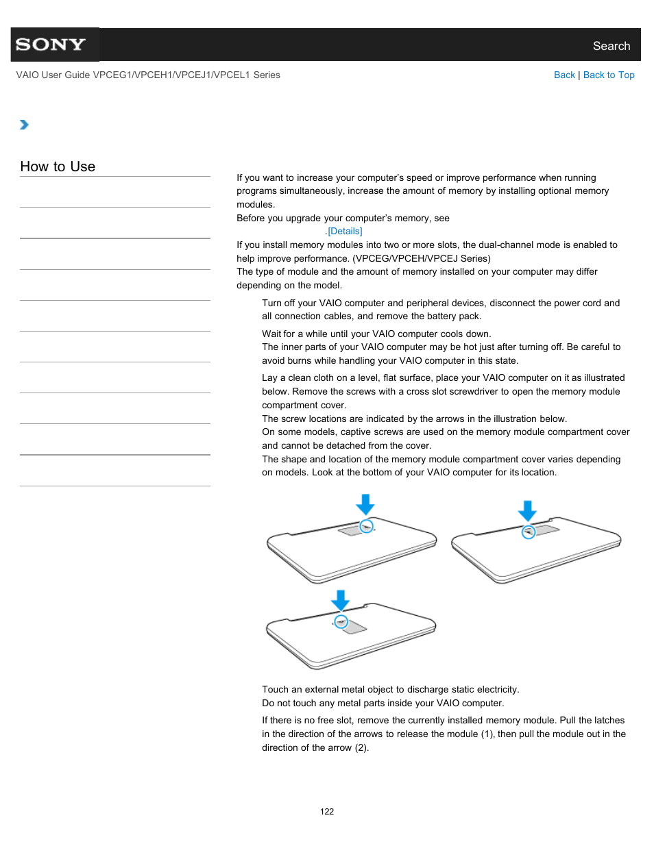 Adding and removing memory modules, Details, How to use | Sony VPCEH1FGX User Manual | Page 122 / 359