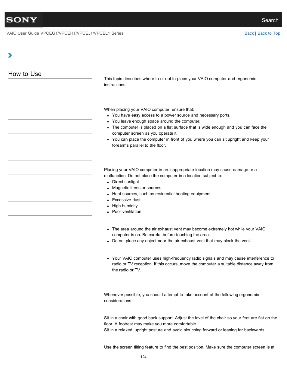 Setting up an appropriate work environment, How to use | Sony VPCEH1FGX User Manual | Page 124 / 359