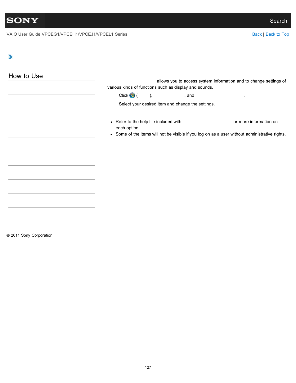 Customizing your vaio computer, How to use | Sony VPCEH1FGX User Manual | Page 127 / 359