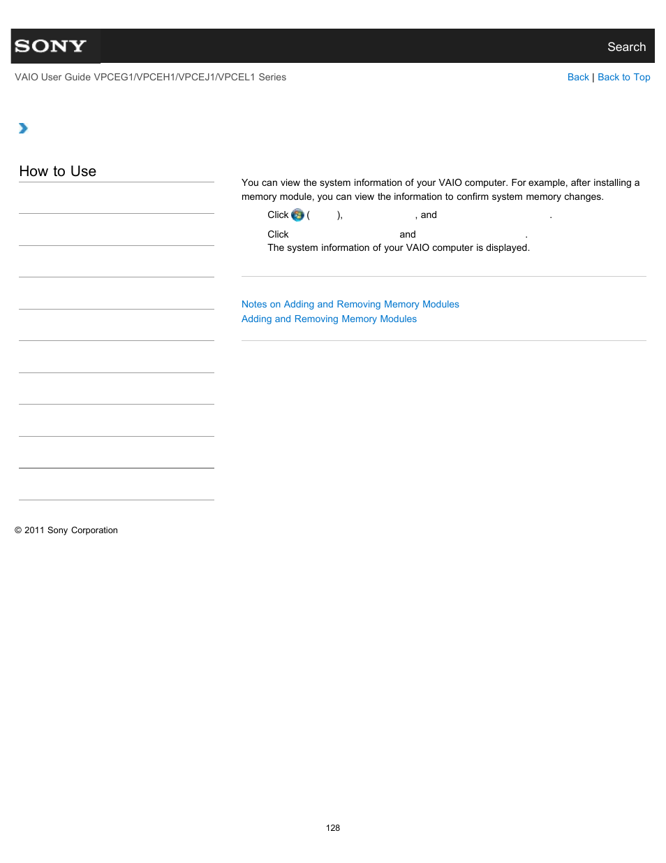 Viewing the system information, How to use | Sony VPCEH1FGX User Manual | Page 128 / 359