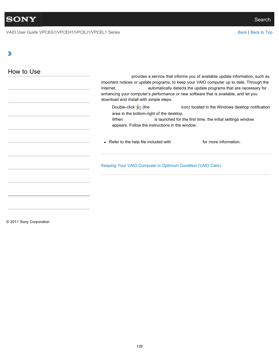 Using vaio update, How to use | Sony VPCEH1FGX User Manual | Page 129 / 359