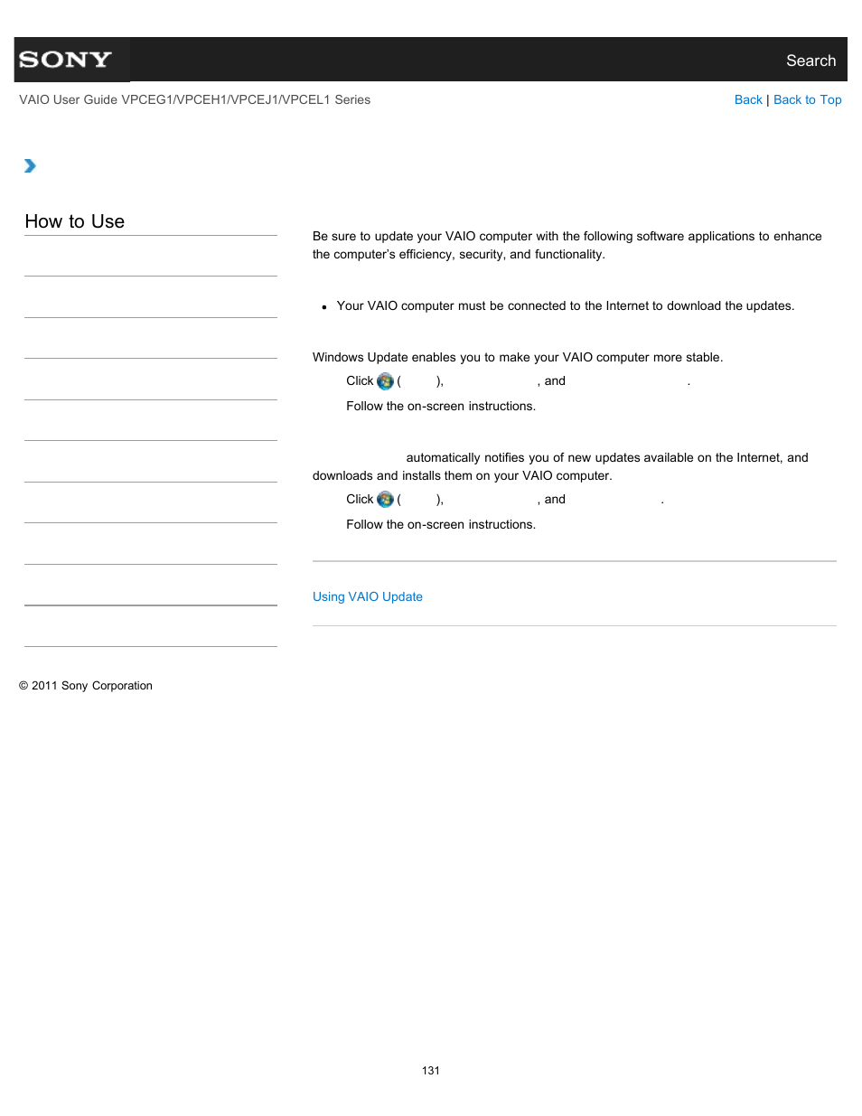 Updating your vaio computer, How to use | Sony VPCEH1FGX User Manual | Page 131 / 359