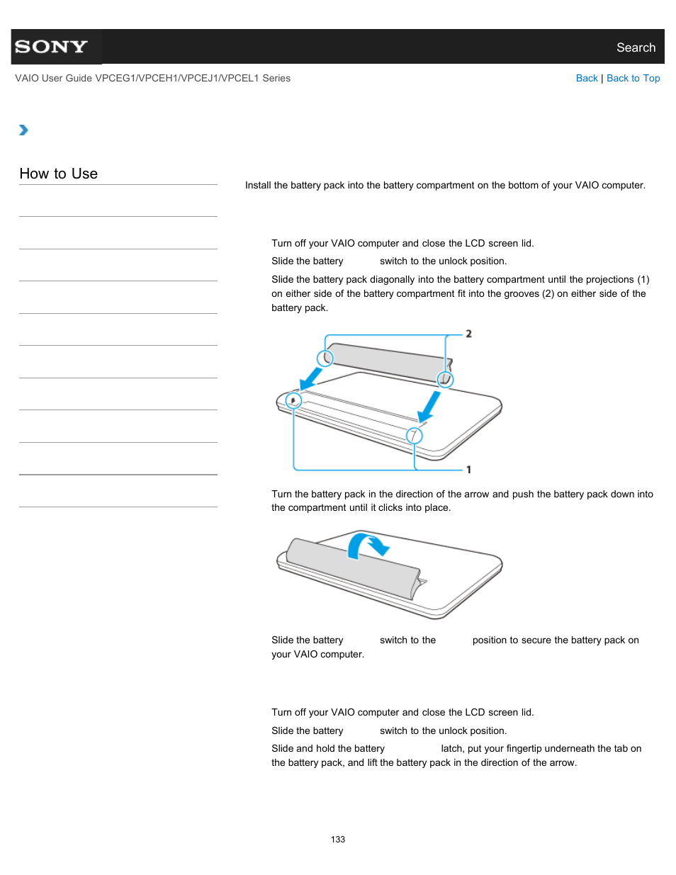 Installing/removing the battery pack, Details, How to use | Sony VPCEH1FGX User Manual | Page 133 / 359