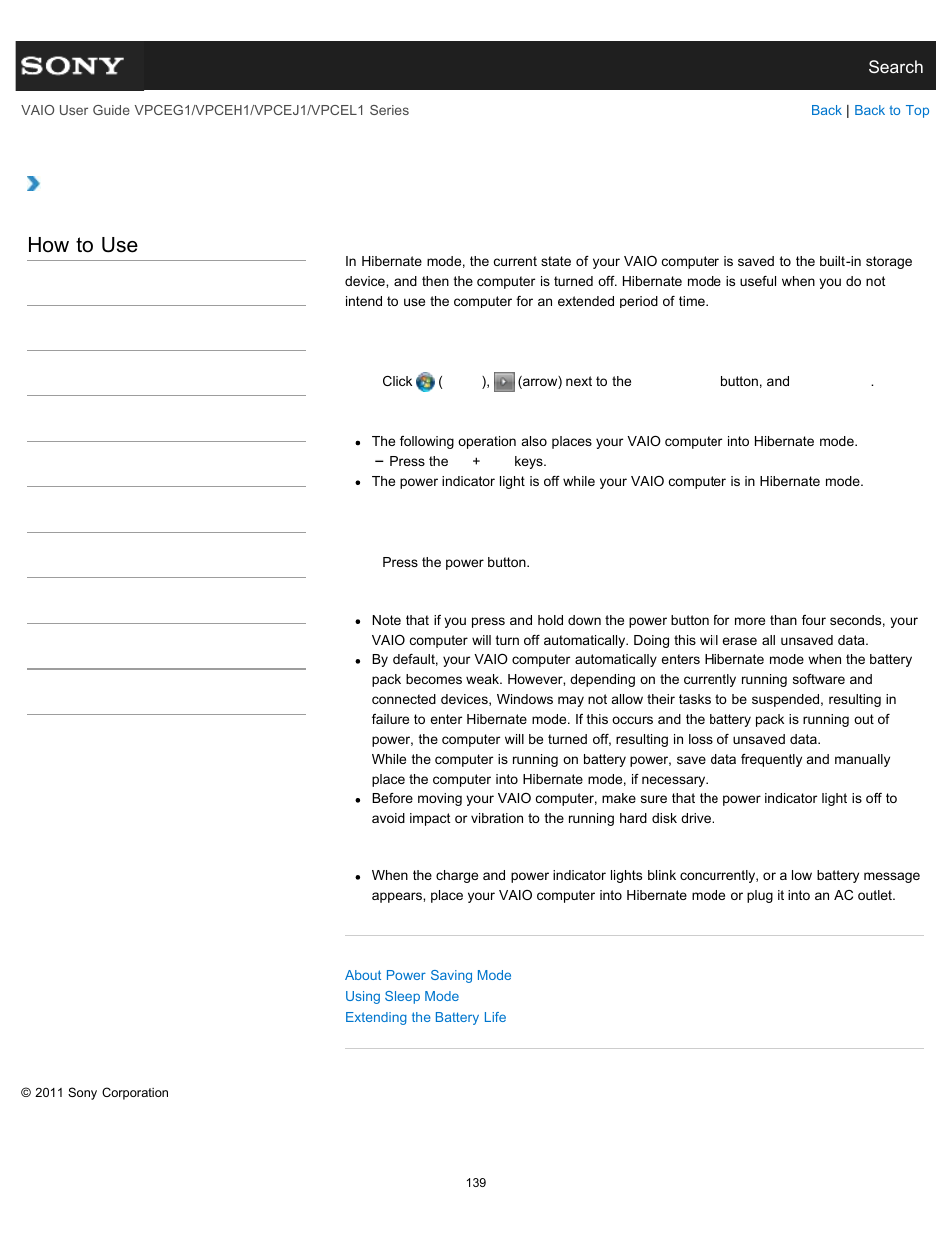 Using hibernate mode, How to use | Sony VPCEH1FGX User Manual | Page 139 / 359