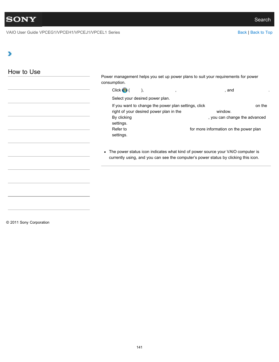 Selecting a power plan, How to use | Sony VPCEH1FGX User Manual | Page 141 / 359