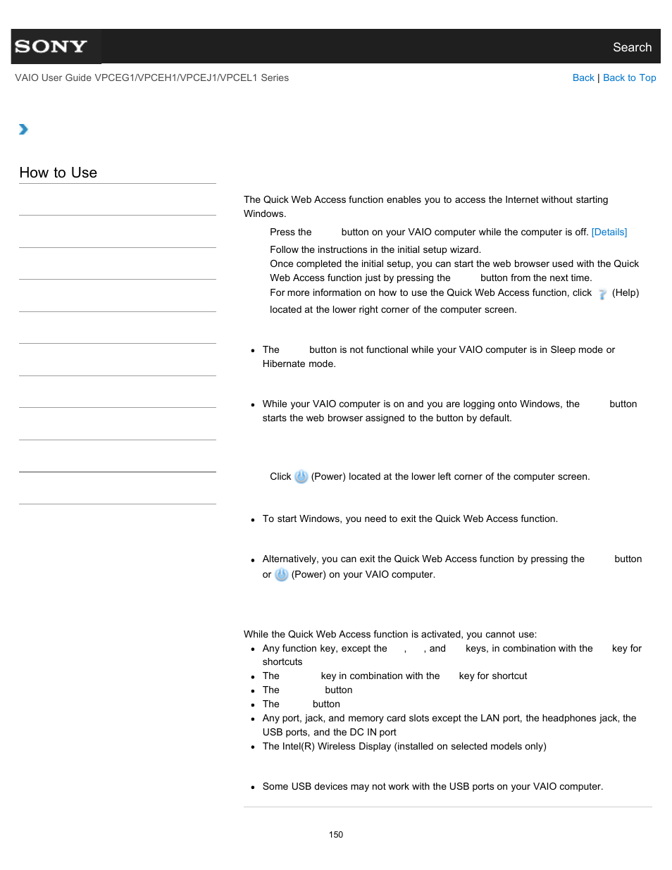 Button), Details, How to use | Sony VPCEH1FGX User Manual | Page 150 / 359