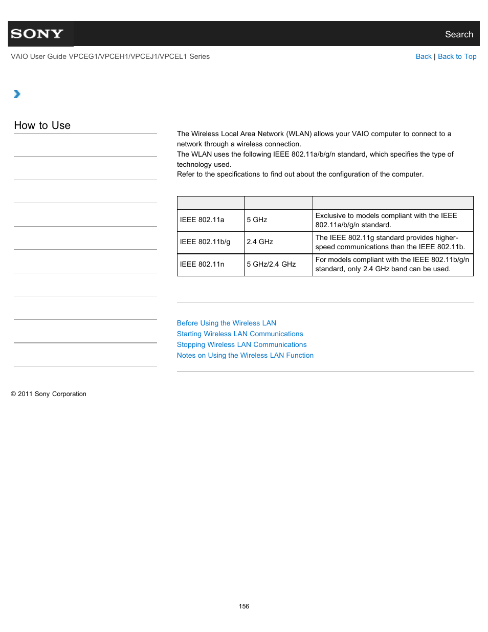 About the wireless lan standards, How to use | Sony VPCEH1FGX User Manual | Page 156 / 359