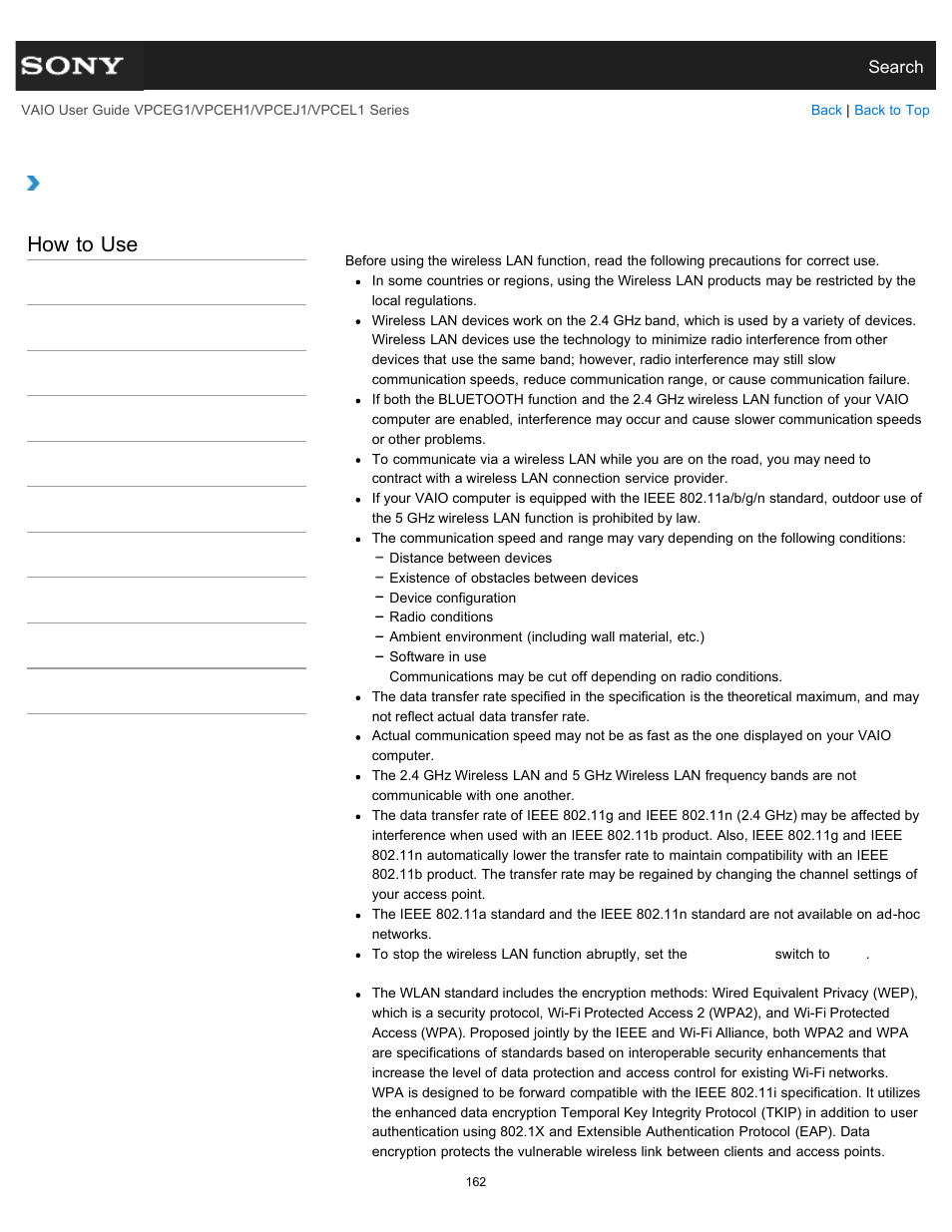 Notes on using the wireless lan function, How to use | Sony VPCEH1FGX User Manual | Page 162 / 359