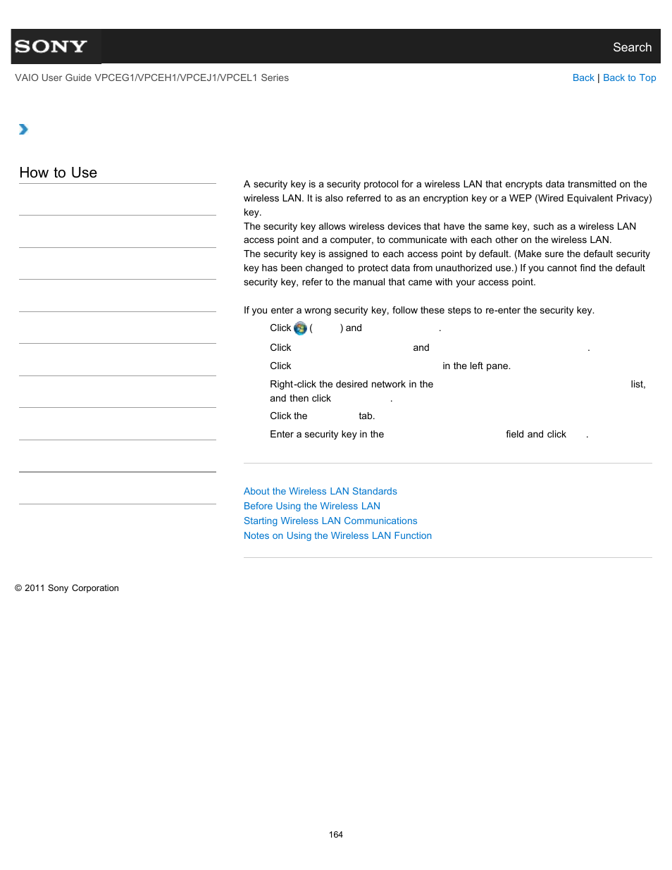 About a security key for a wireless lan, Details, How to use | Sony VPCEH1FGX User Manual | Page 164 / 359