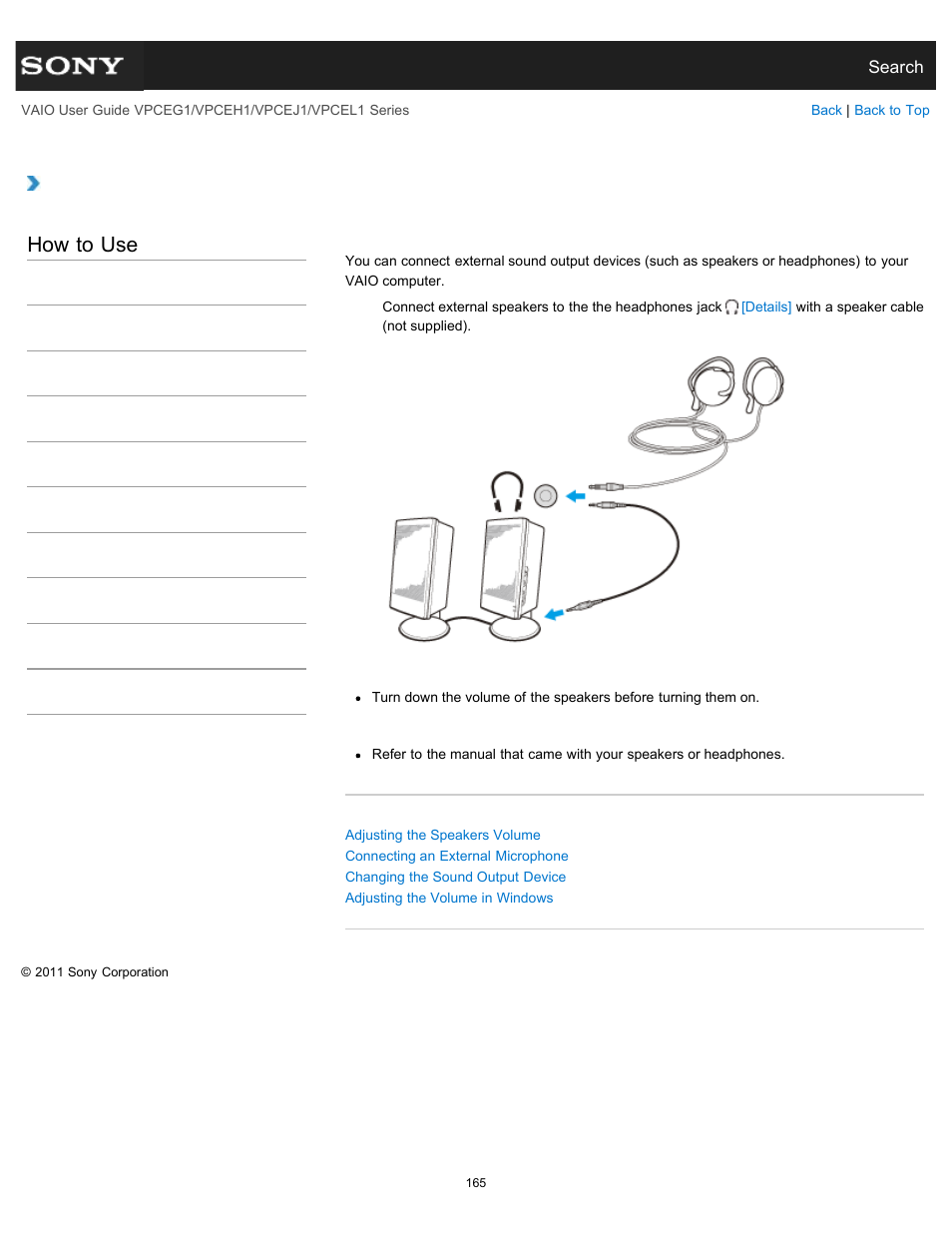 Connecting external speakers or headphones, Details, How to use | Sony VPCEH1FGX User Manual | Page 165 / 359