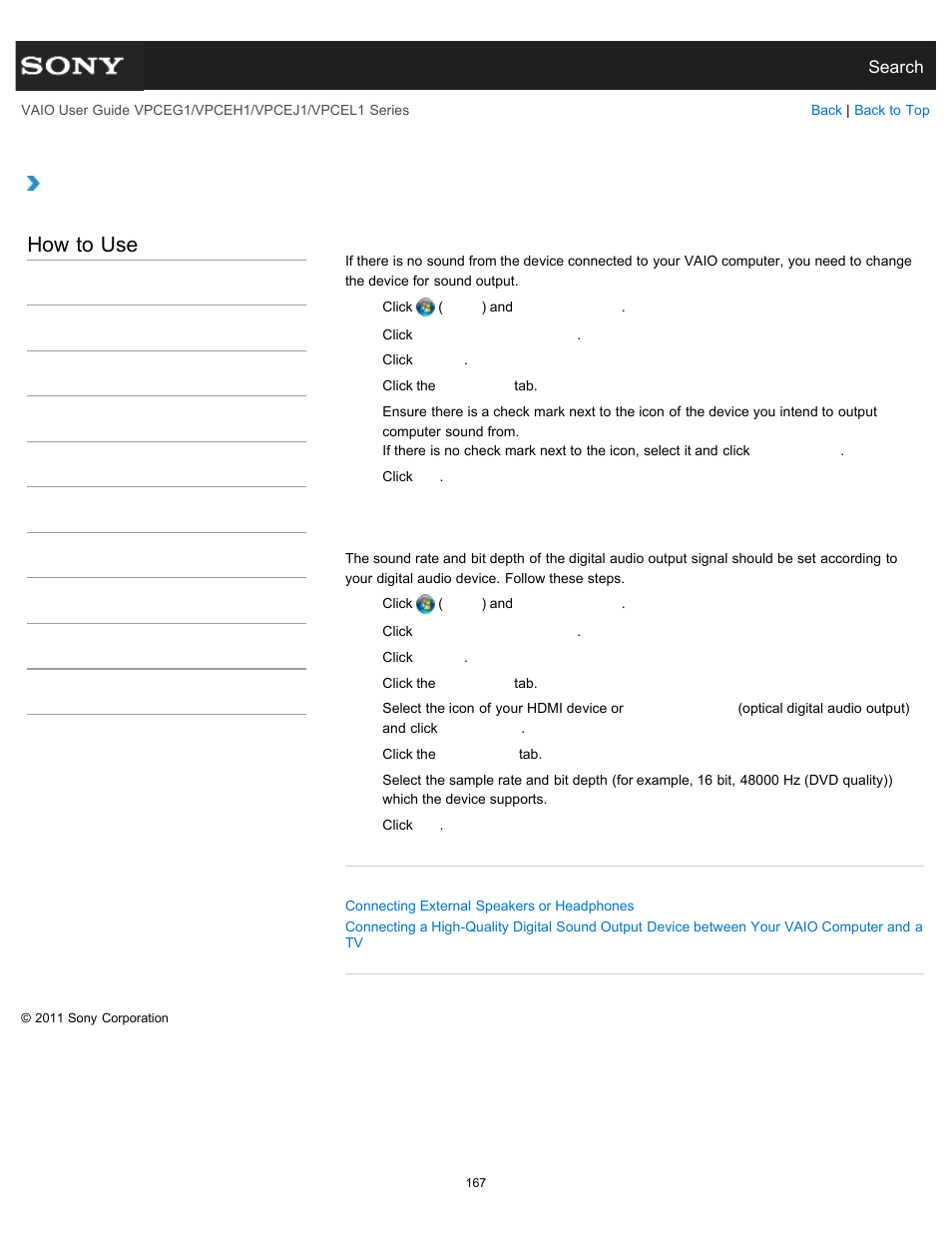 Changing the sound output device, How to use | Sony VPCEH1FGX User Manual | Page 167 / 359