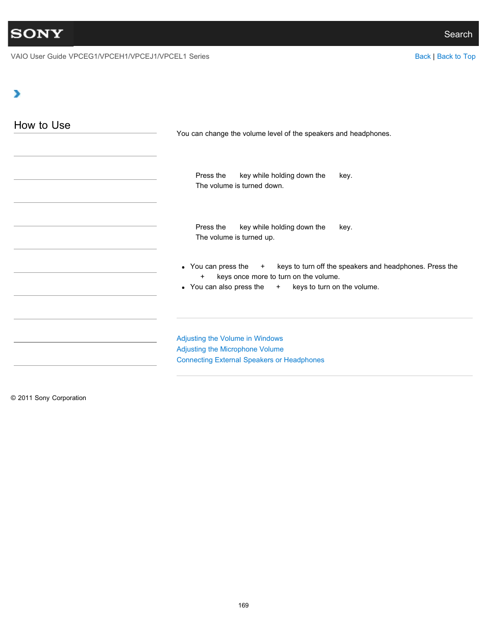 Adjusting the speakers volume, Details, How to use | Sony VPCEH1FGX User Manual | Page 169 / 359