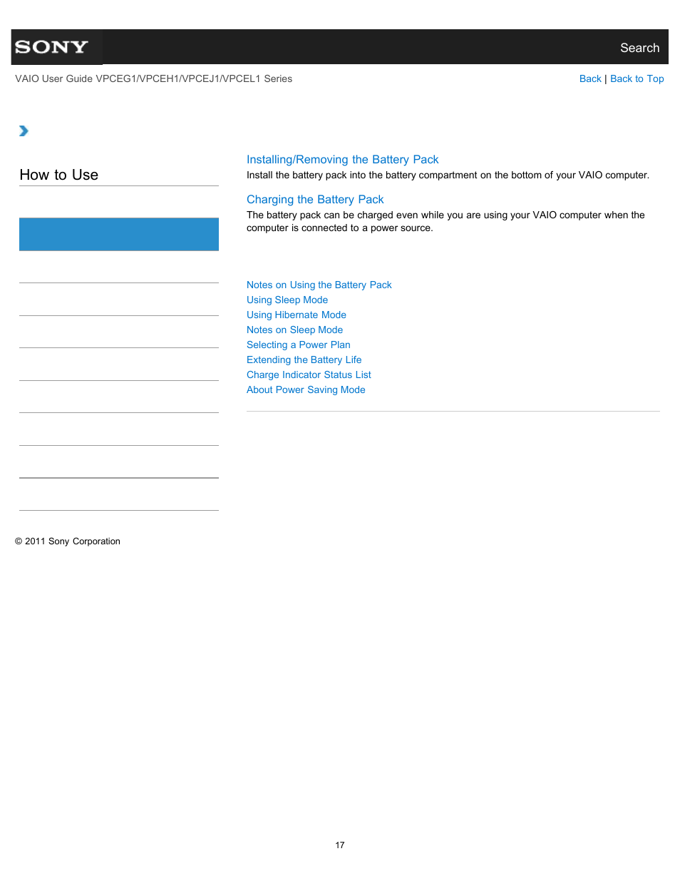 Battery, How to use | Sony VPCEH1FGX User Manual | Page 17 / 359