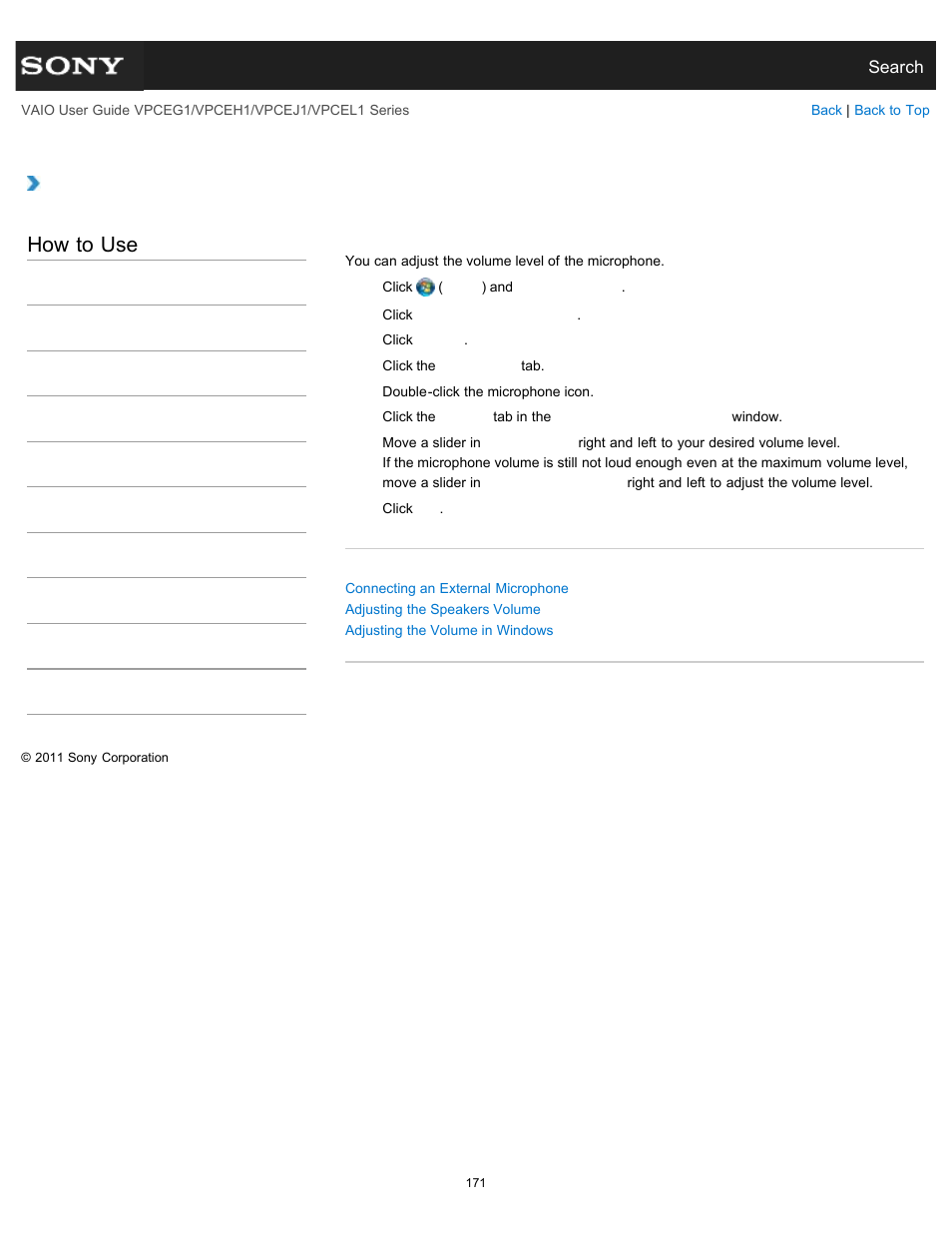 Adjusting the microphone volume, How to use | Sony VPCEH1FGX User Manual | Page 171 / 359