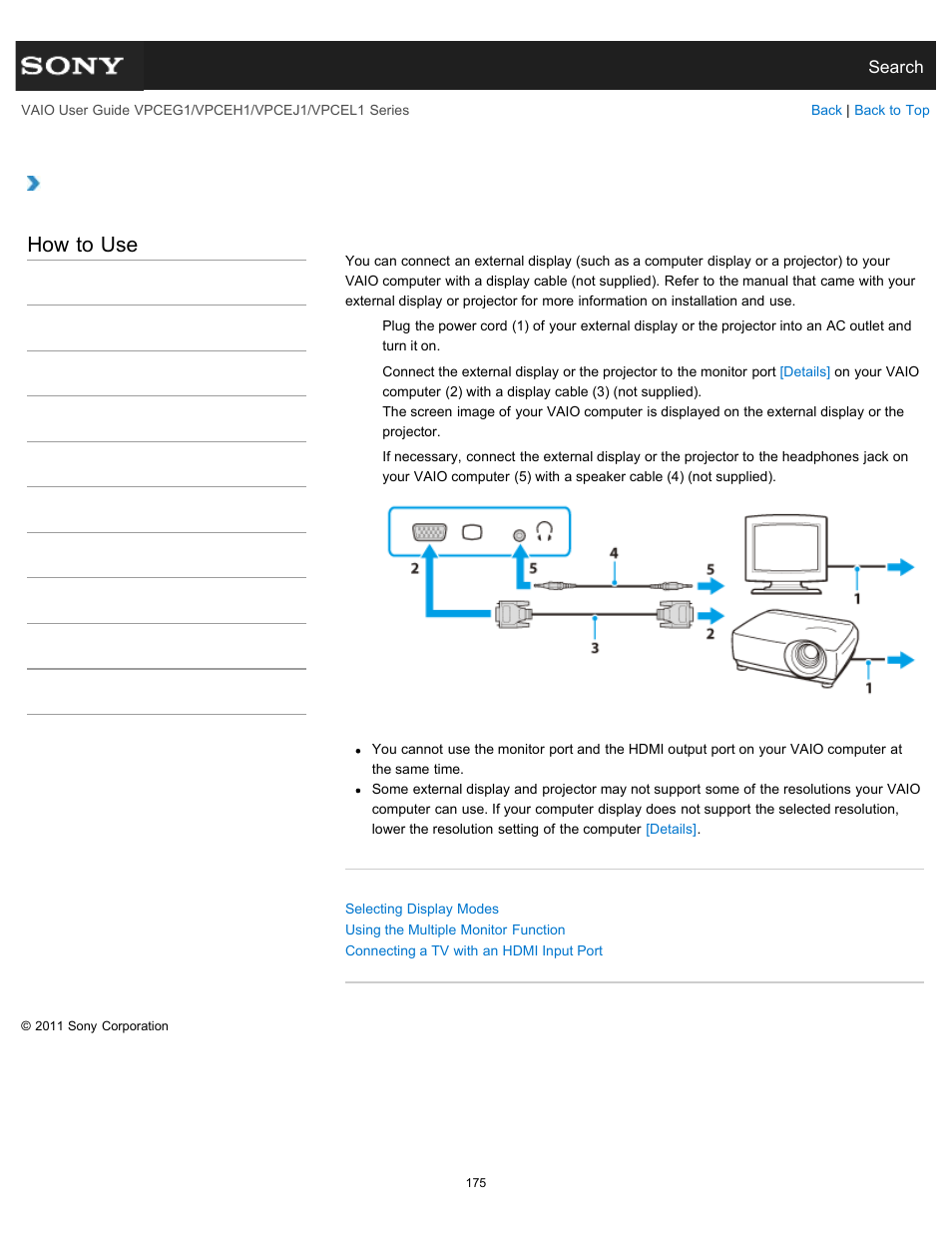 Connecting an external display or projector, Details, How to use | Sony VPCEH1FGX User Manual | Page 175 / 359