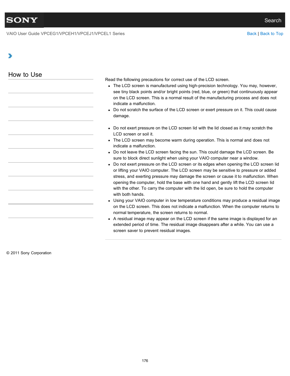 Notes on the lcd screen, How to use | Sony VPCEH1FGX User Manual | Page 176 / 359