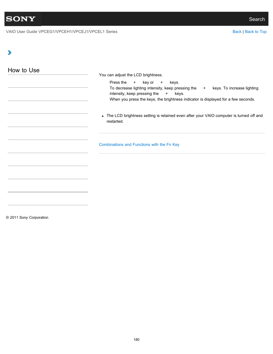 Changing the lcd brightness, Details, How to use | Sony VPCEH1FGX User Manual | Page 180 / 359