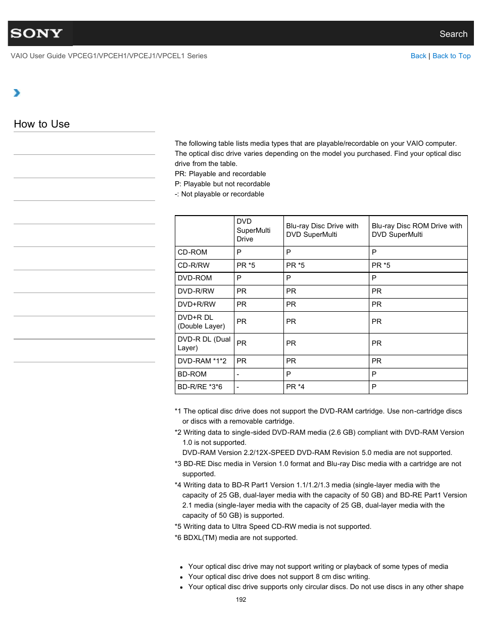 Supported discs<optical disc drive equipped models, How to use | Sony VPCEH1FGX User Manual | Page 192 / 359