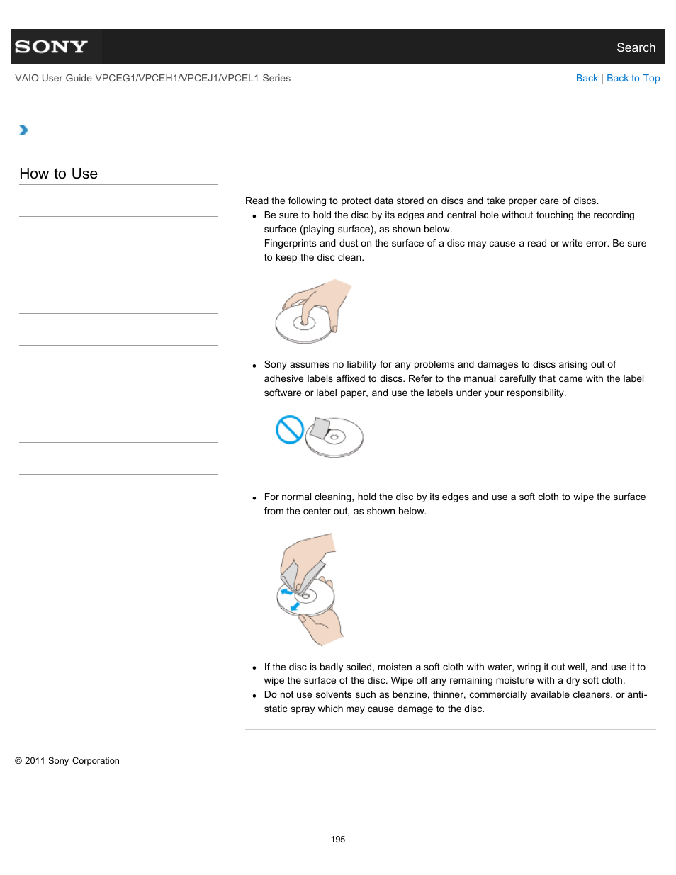 Handling discs<optical disc drive equipped models, How to use, Handling discs <optical disc drive equipped models | Sony VPCEH1FGX User Manual | Page 195 / 359