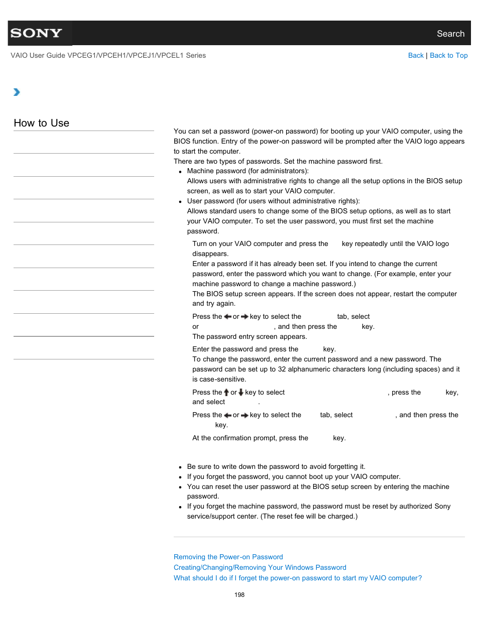 Setting/changing the power-on password, How to use | Sony VPCEH1FGX User Manual | Page 198 / 359