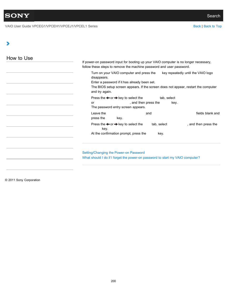 Removing the power-on password, How to use | Sony VPCEH1FGX User Manual | Page 200 / 359