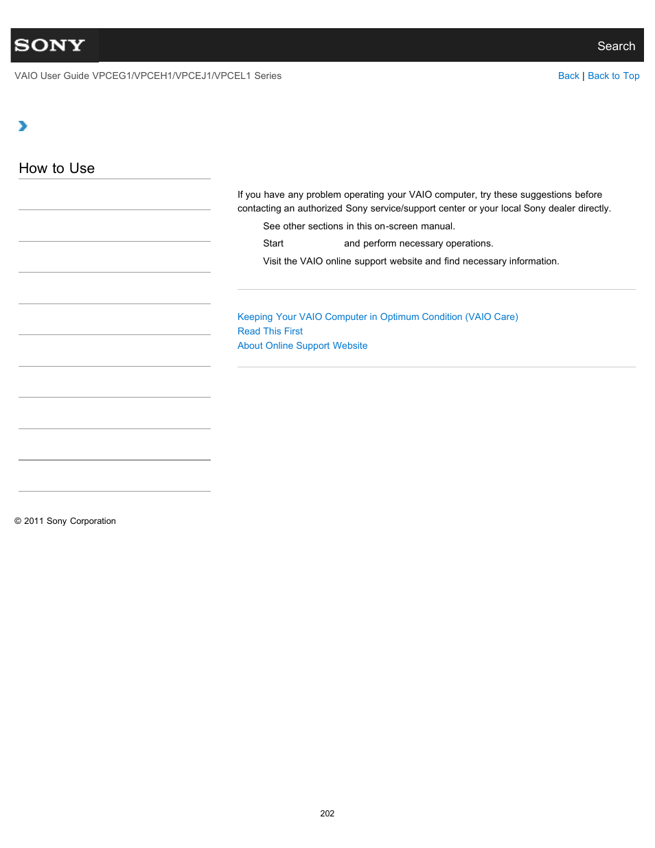 Solving common problems with your vaio computer, How to use | Sony VPCEH1FGX User Manual | Page 202 / 359