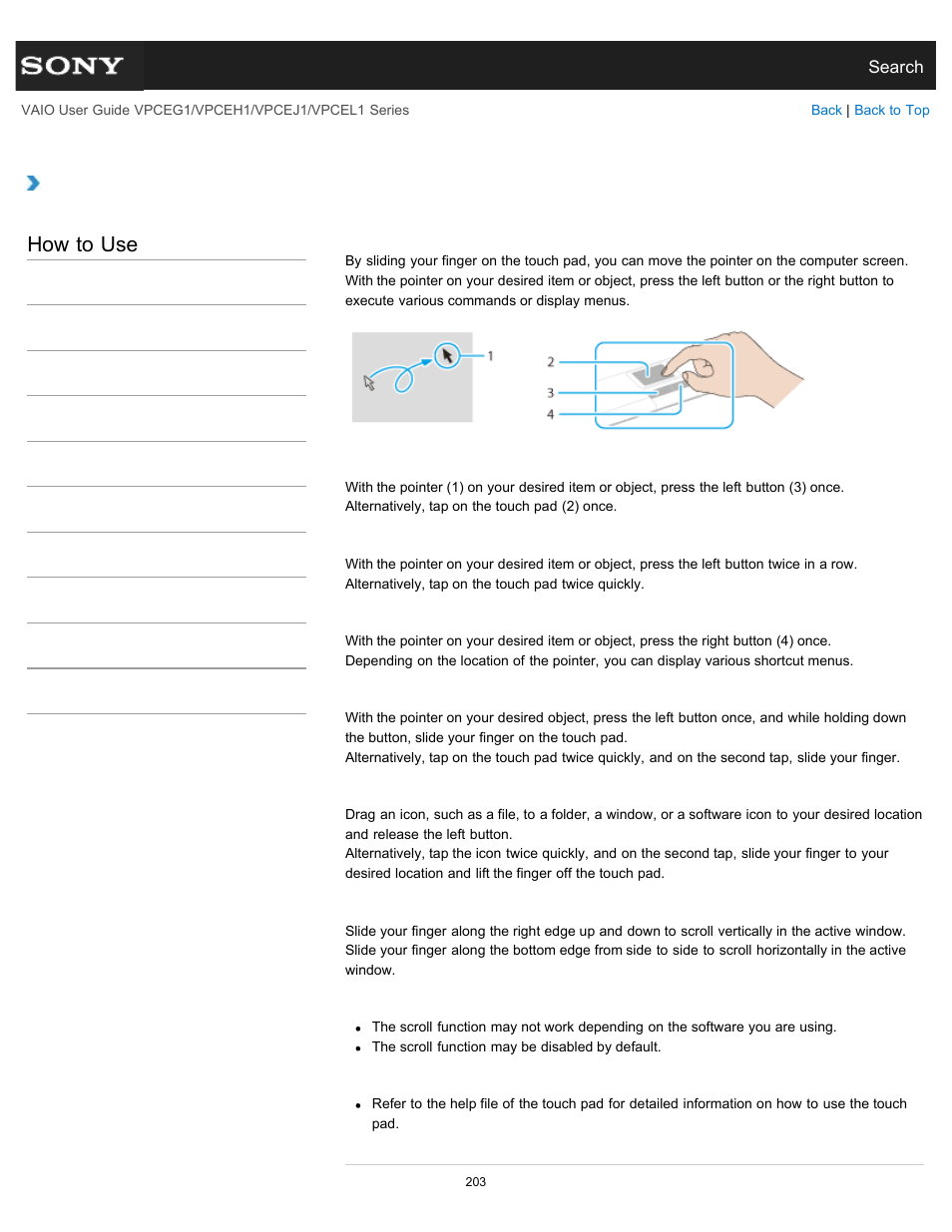 Using the touch pad, Details, How to use | Sony VPCEH1FGX User Manual | Page 203 / 359