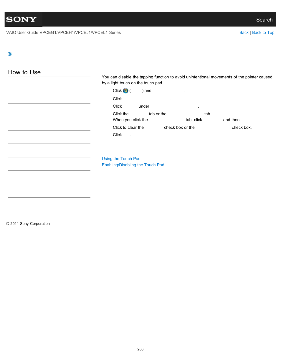 Disabling the tapping function on the touch pad, How to use | Sony VPCEH1FGX User Manual | Page 206 / 359