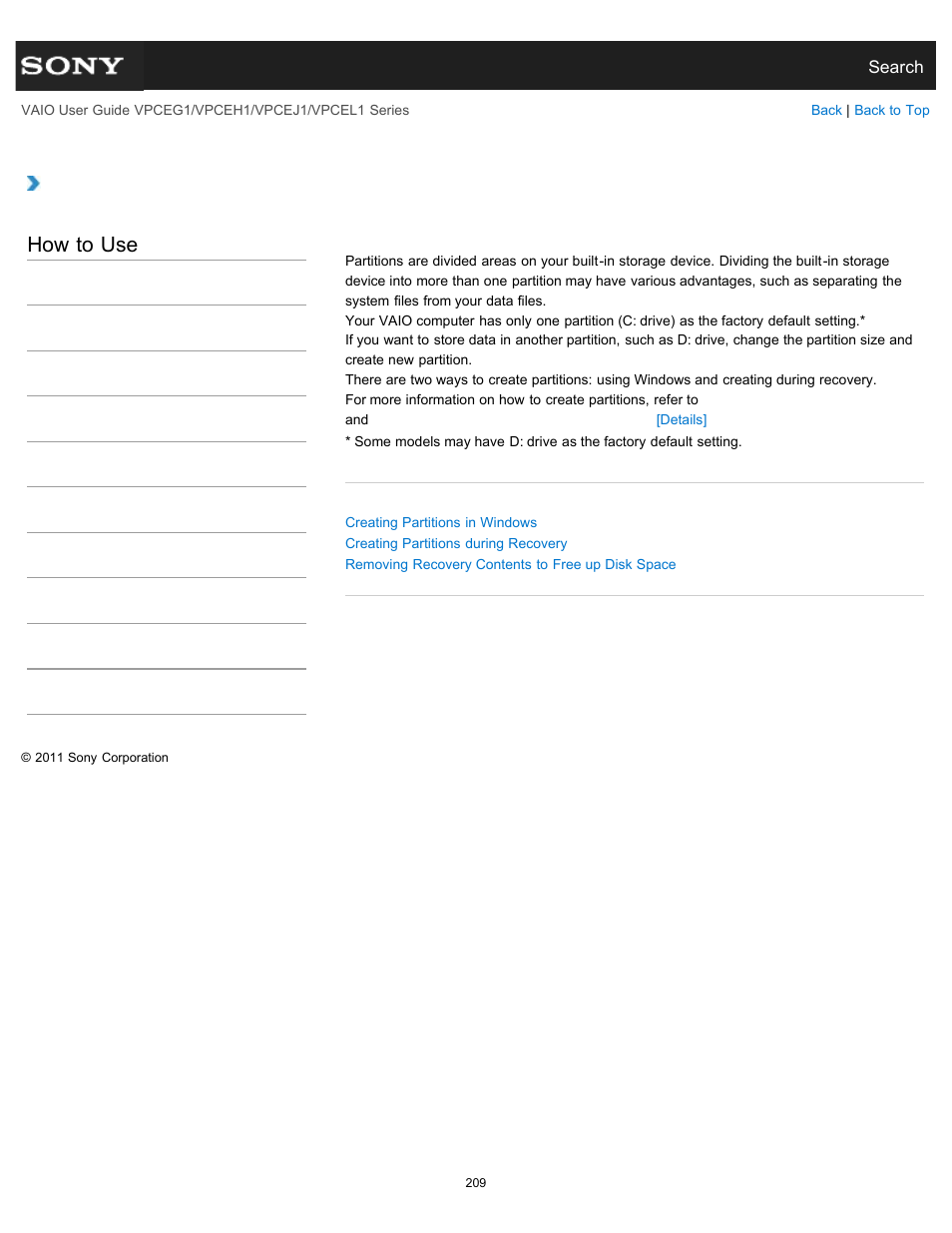 Creating other drives (modifying partitions), How to use | Sony VPCEH1FGX User Manual | Page 209 / 359