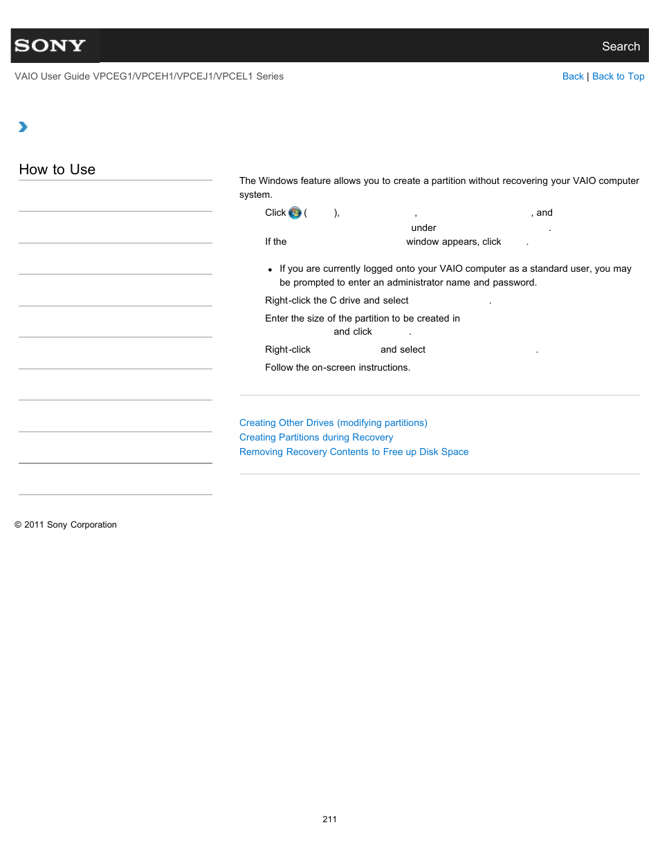 Creating partitions in windows, How to use | Sony VPCEH1FGX User Manual | Page 211 / 359