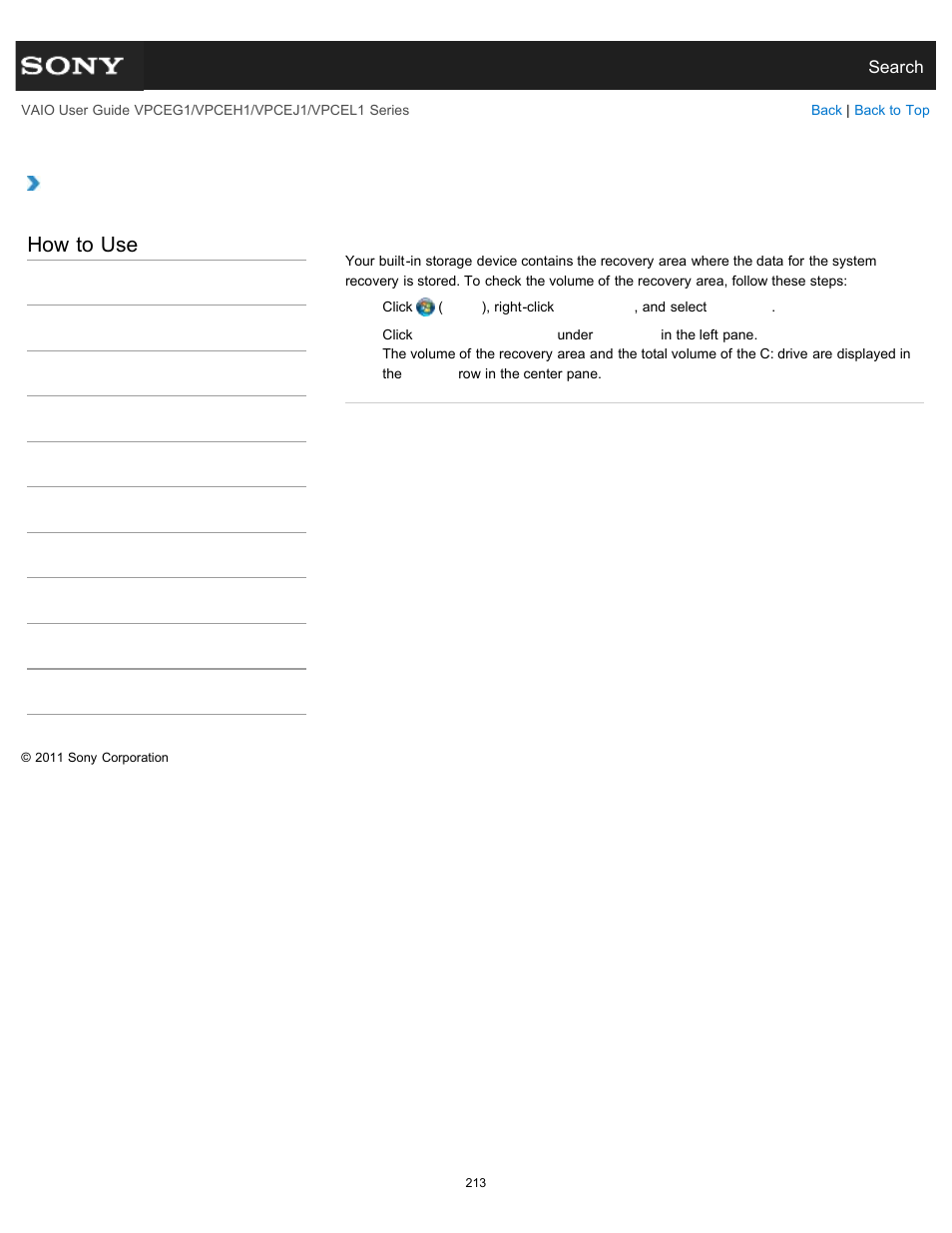 Checking the volume of the recovery area, How to use | Sony VPCEH1FGX User Manual | Page 213 / 359