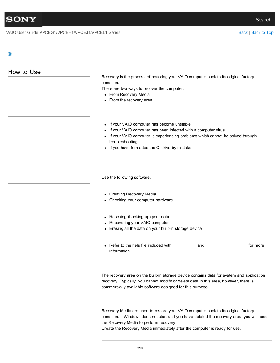 About recovery, How to use | Sony VPCEH1FGX User Manual | Page 214 / 359