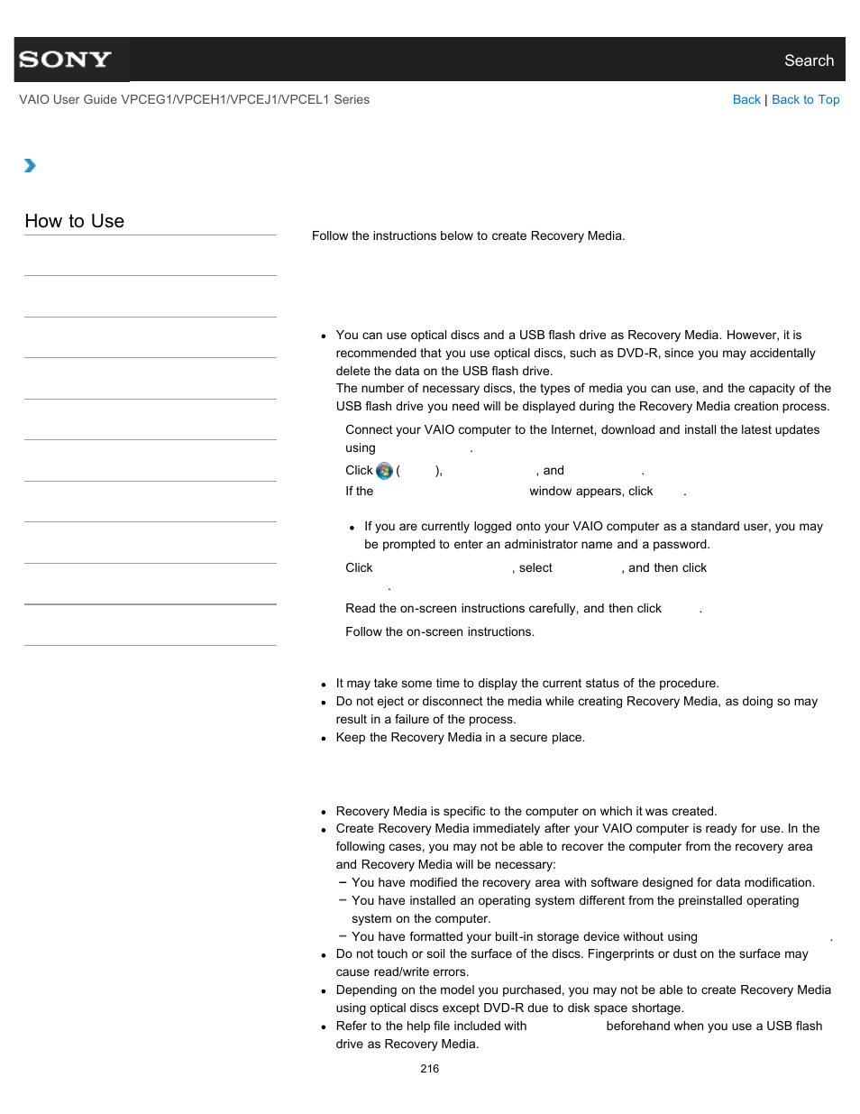 Creating recovery media, Details, How to use | Sony VPCEH1FGX User Manual | Page 216 / 359