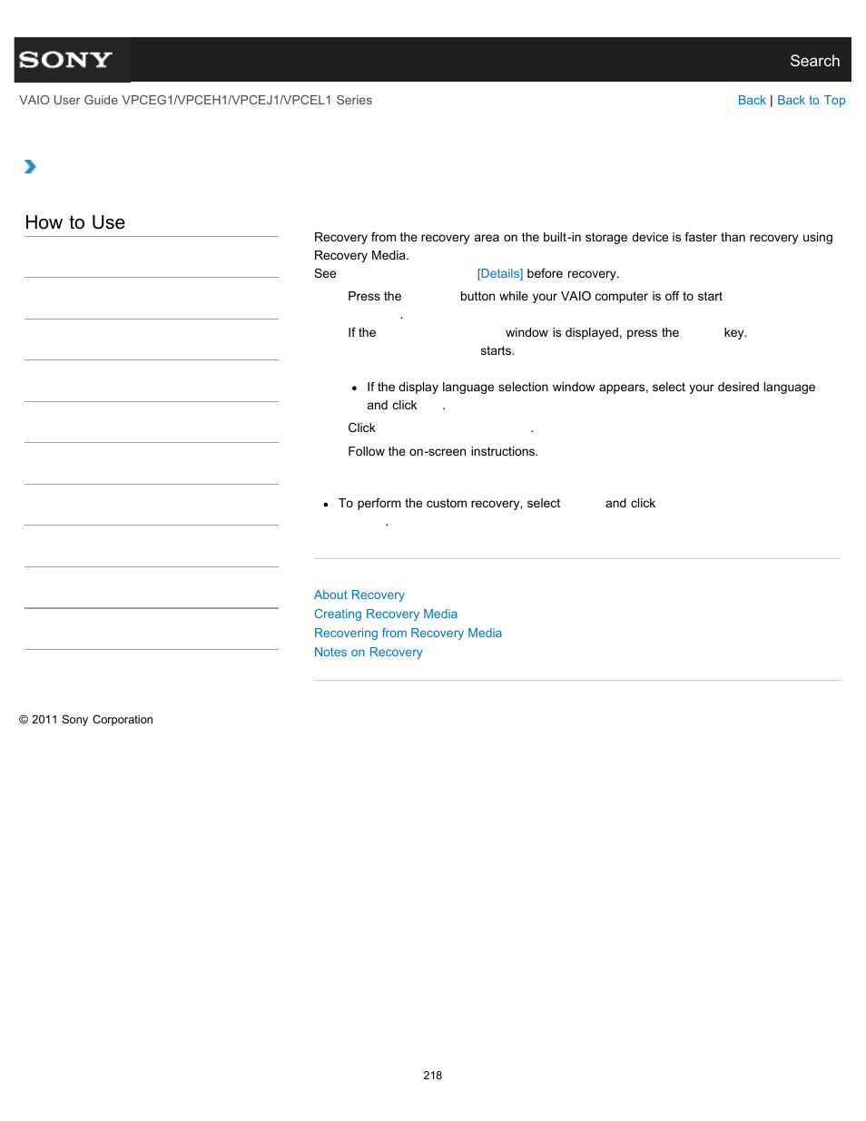 Recovering from the recovery area, Details, How to use | Sony VPCEH1FGX User Manual | Page 218 / 359