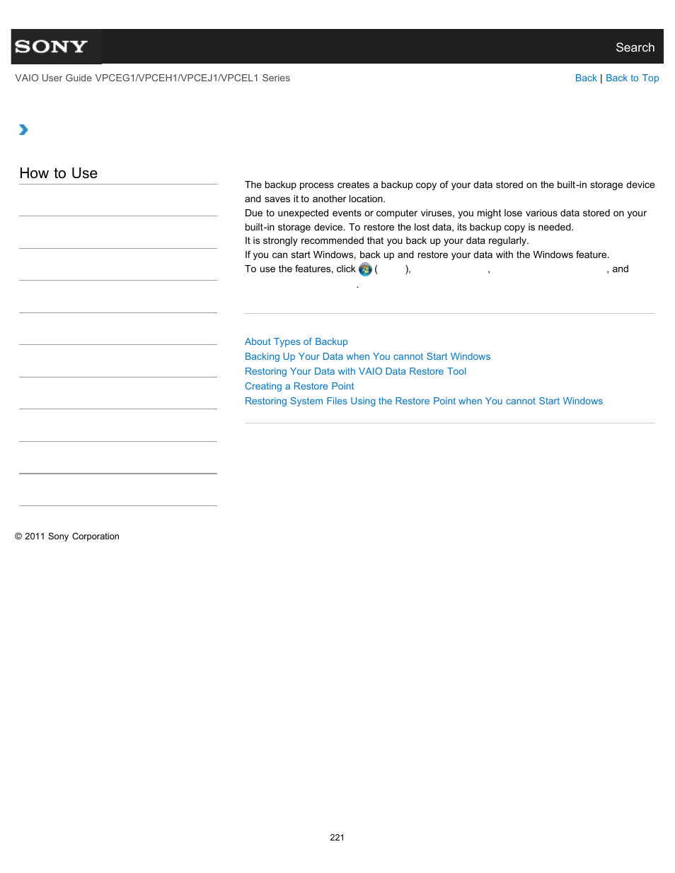 About backup, How to use | Sony VPCEH1FGX User Manual | Page 221 / 359