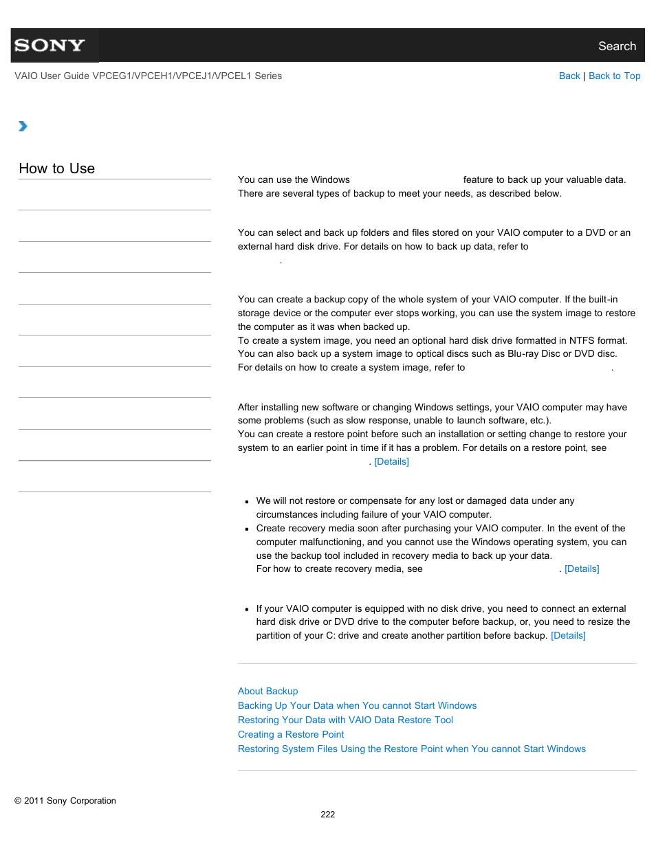 About types of backup, How to use | Sony VPCEH1FGX User Manual | Page 222 / 359