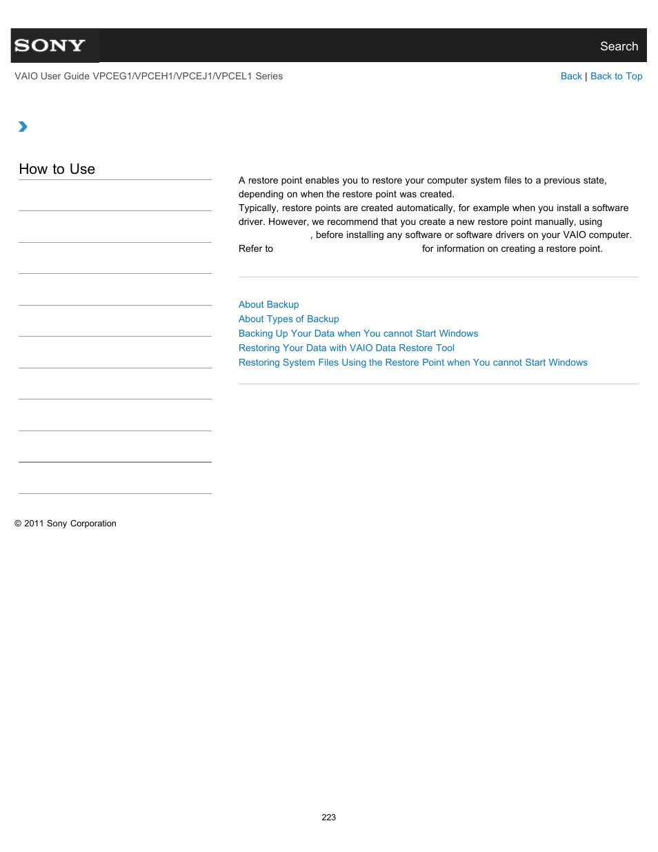 Creating a restore point, Details, How to use | Sony VPCEH1FGX User Manual | Page 223 / 359