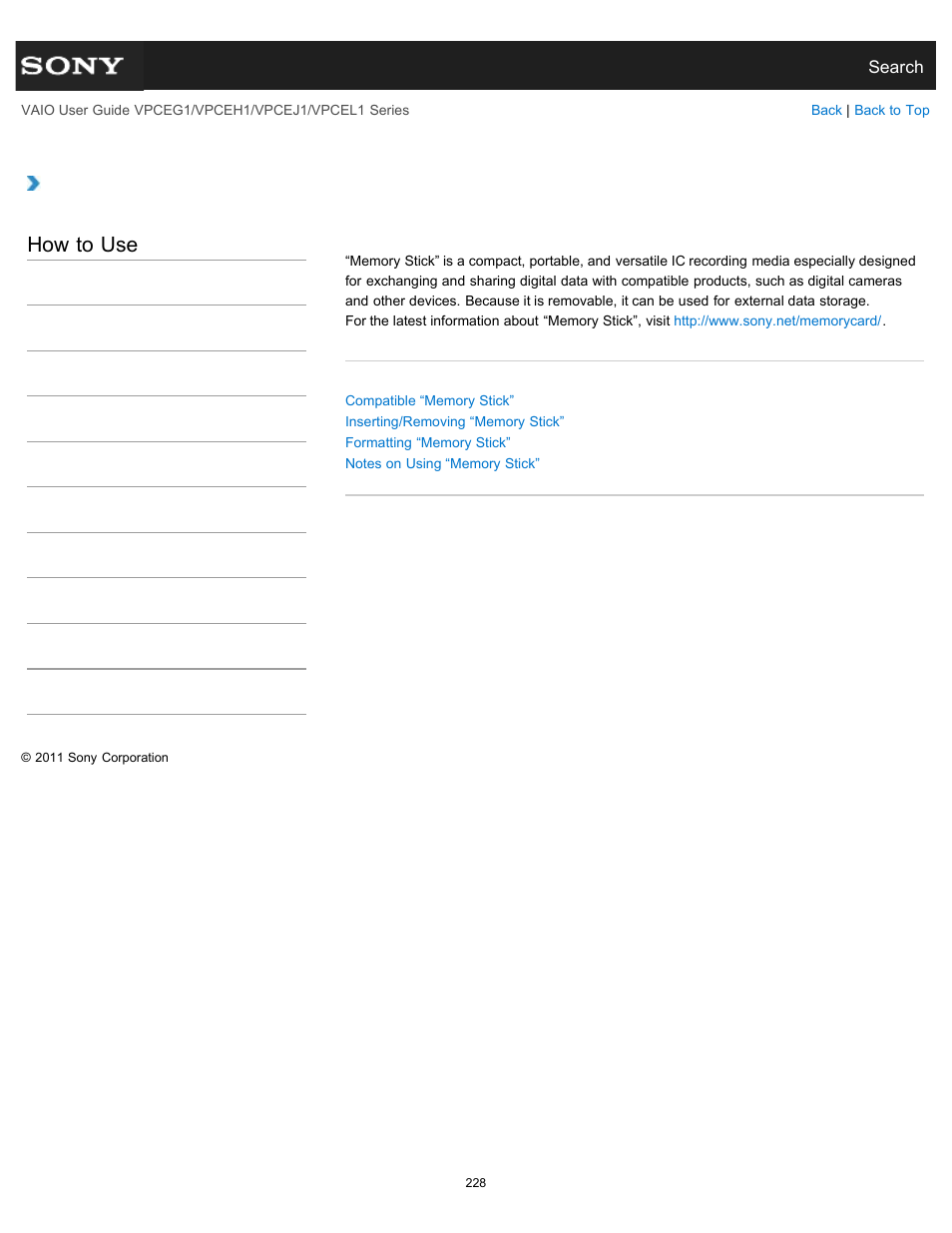About “memory stick, How to use | Sony VPCEH1FGX User Manual | Page 228 / 359