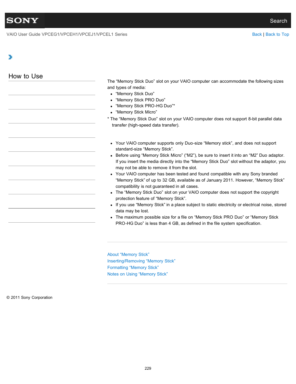 Compatible “memory stick, How to use | Sony VPCEH1FGX User Manual | Page 229 / 359