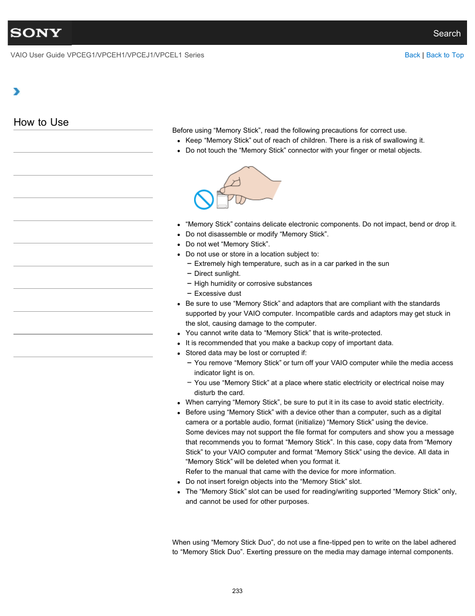 Notes on using “memory stick, How to use | Sony VPCEH1FGX User Manual | Page 233 / 359