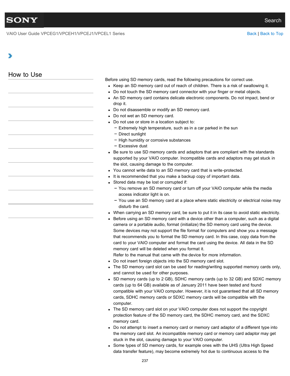 Notes on using sd memory cards, How to use | Sony VPCEH1FGX User Manual | Page 237 / 359