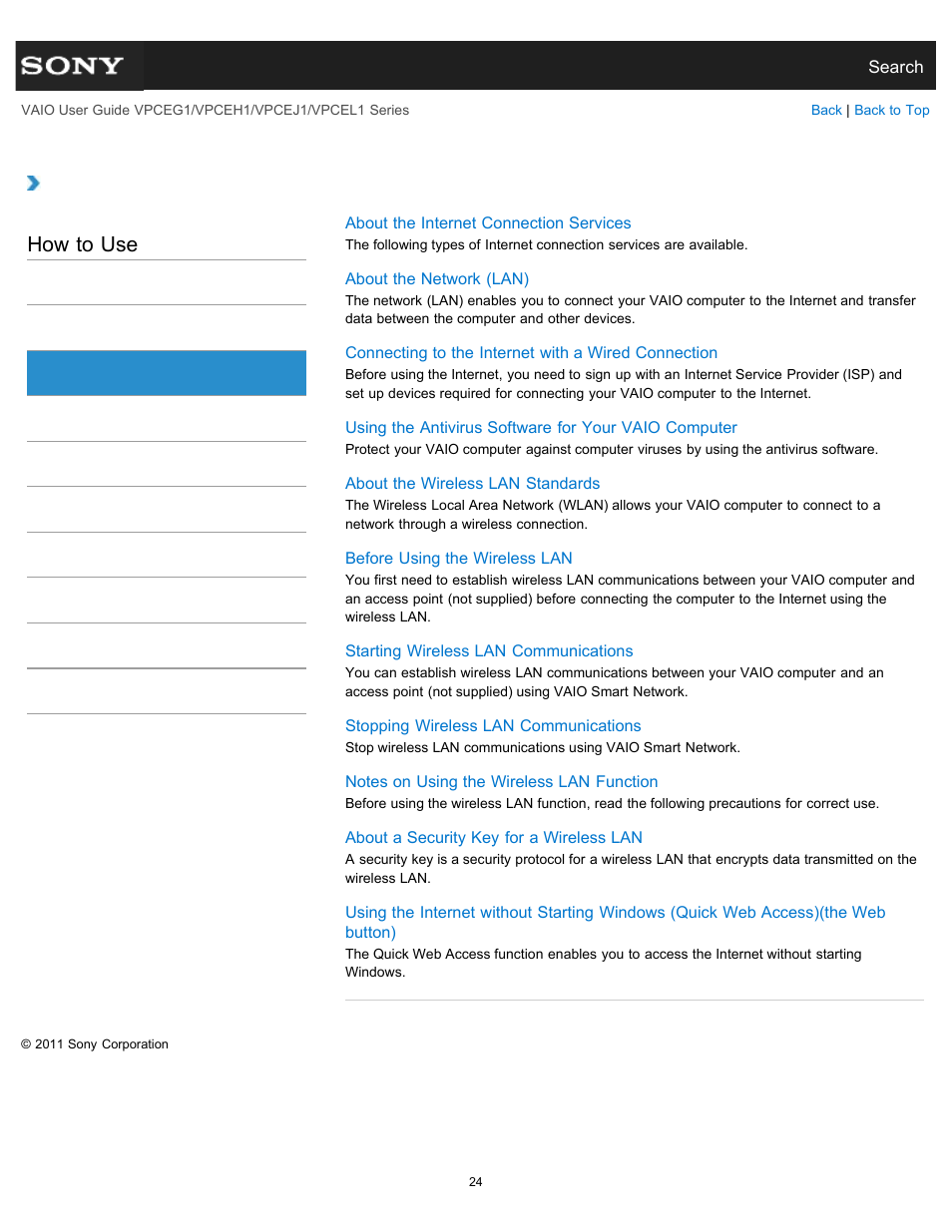 Internet, How to use | Sony VPCEH1FGX User Manual | Page 24 / 359