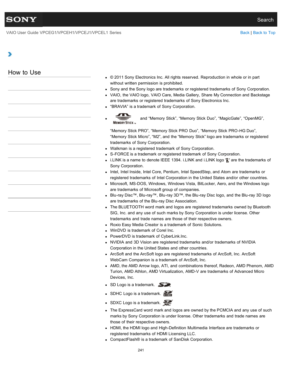 Trademarks, How to use | Sony VPCEH1FGX User Manual | Page 241 / 359